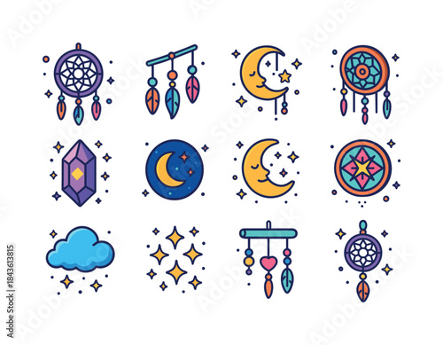 Colorful Dream Catcher Icons. Dream catchers. Colorful isometric