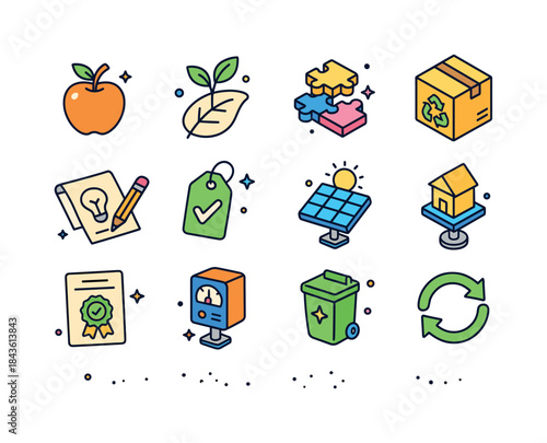 Sustainable Design Icons. Sustainable product design. Colorful i
