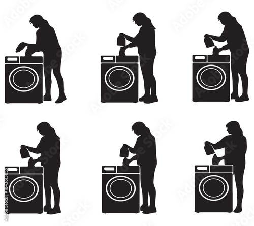 Silhouettes of a person doing laundry, putting clothes into a washing machine, illustrating a common household chore.