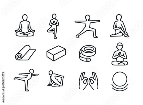 Yoga Icon Set. Yoga. Line icon set of Yoga: lotus pose, tree pos