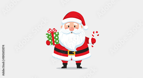 Cheerful Santa Claus character stands in a festive pose wearing a red suit and white beard while presenting a bright green wrapped gift and a candy cane.