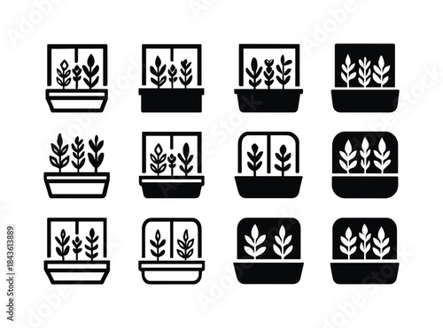 Herb Planter Icon Set. Growing herbs on a windowsill. Icon set.