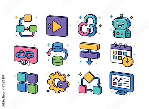 Colorful Workflow Icons. Workflow Automation. Colorful isometric