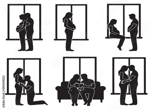 Silhouettes of pregnant women and their partners in various tender poses, celebrating pregnancy and family.