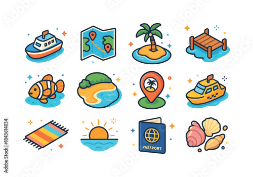 Island Adventure Icons. Island hopping. Colorful isometric vecto