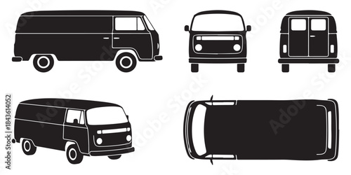 Detailed black and white vector illustration of a classic vintage panel van, showcasing side, front, rear, isometric, and top views on a white background.