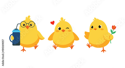 Three cheerful yellow chicks pose in a scene with one wearing glasses and a blue bottle while another winks with a heart nearby and the third offers a flower.