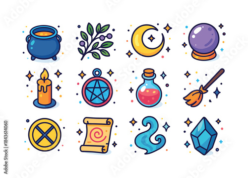Colorful Witchcraft Icons. Witchcraft symbols. Colorful isometri