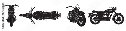 A collection of black silhouette illustrations of classic motorcycles viewed from various angles including front, top, and side profiles, showcasing different styles.