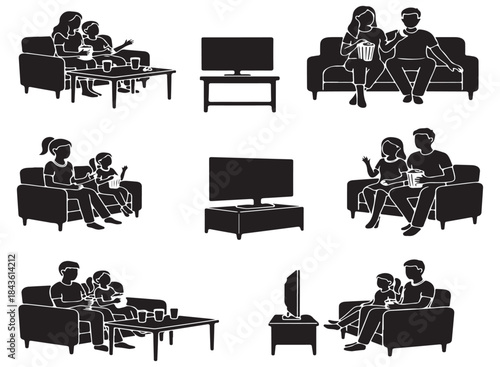 Families watching TV, enjoying leisure time at home.