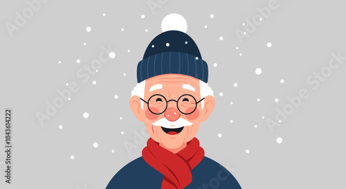 Smiling elderly man wearing a navy beanie and a red scarf stands in falling snow with round glasses and a joyful expression that captures warm winter happiness.