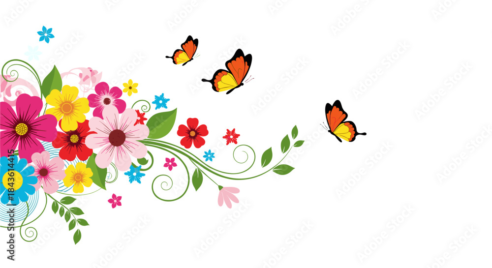 Fototapeta premium Vibrant colorful flowers with swirling green vines and fluttering orange and black butterflies across a bright white background.