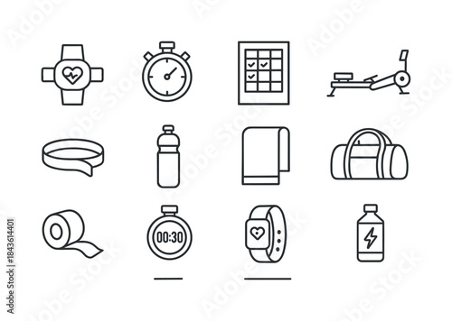 Rowing Gear Icons. Rowing workout essentials. Line icon set of r
