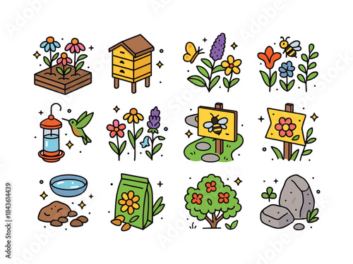 Colorful Pollinator Icons. Pollinator Gardens. Colorful isometri
