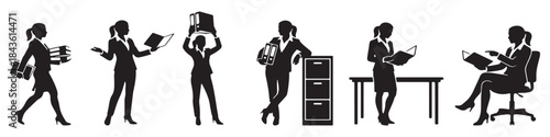 Collection of black silhouettes depicting businesswomen engaged in different work activities and handling office documents.