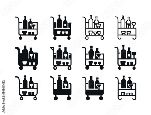 Stylish Bar Cart Icons. A stylish bar cart with liquor and glass