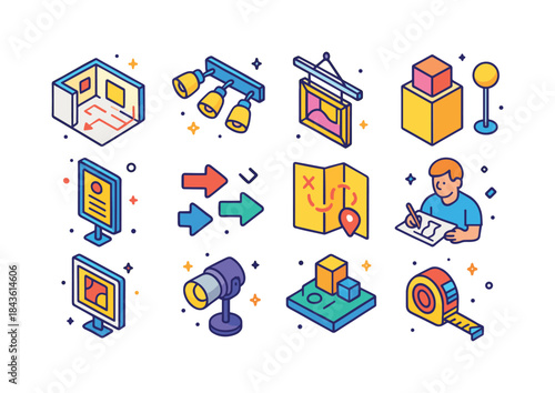 Colorful Isometric Exhibit Icons. Exhibition design. Colorful is