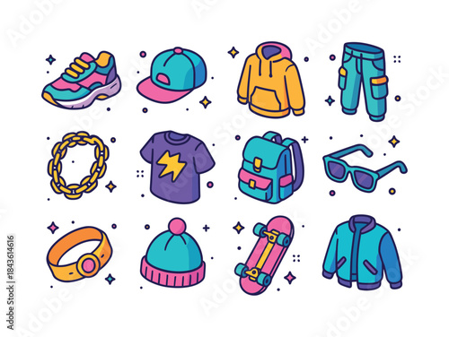 Streetwear Isometric Icons. Streetwear. Colorful isometric vecto
