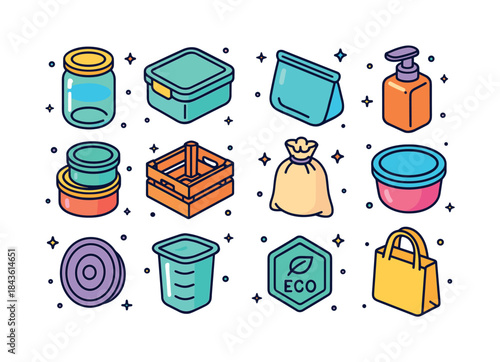 Reusable Container Icons. Reusable containers. Colorful isometri