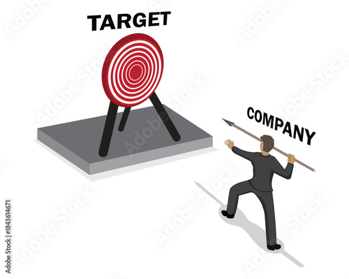 vector design of a man in a black suit who is seen taking a running start to throw a spear at a red circle target as a symbol of an illustration of a company that is targeting something as its goal
