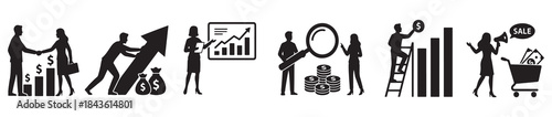 A series of black and white silhouettes illustrating various business concepts including partnership, financial growth, market analysis, investment scrutiny, progress, and sales promotion.