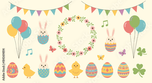 Colorful easter scene with smiling bunnies chicks decorated eggs floral wreath balloons and bunting celebrating springtime joy.