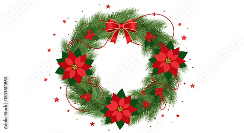 Festive christmas wreath formed from pine branches and evergreen foliage with red poinsettias a gold bow red ribbon berries and star accents for holiday cheer.