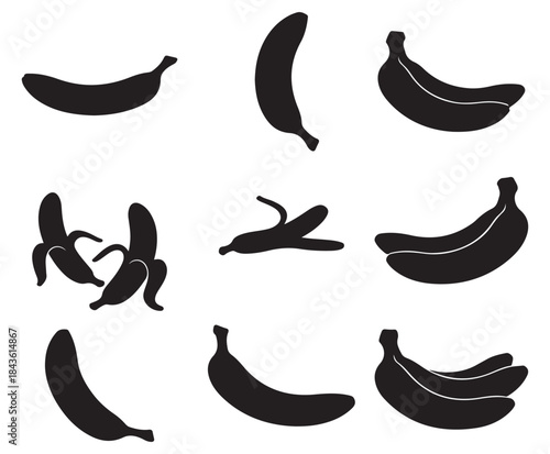 A collection of black silhouette banana icons showing different forms and arrangements of the fruit, including whole, peeled, and bunches.