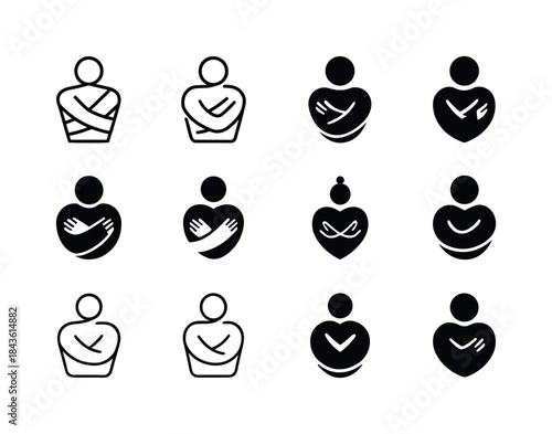 Self-Love Icon Set. A person hugging themselves, practicing self