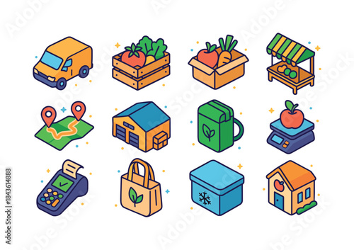 Local Food Icon Set. Local food distribution networks. Colorful