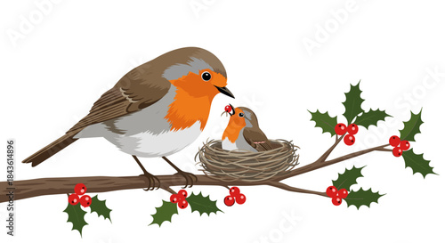 Two robins perch on a sturdy brown branch beside a woven nest among bright holly berries in a tranquil winter scene bathed in soft light and calm air.