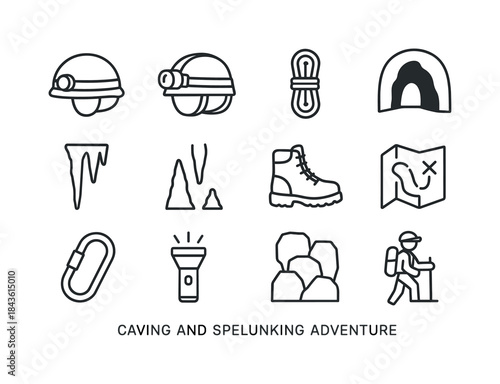 Caving Icons Set. Caving and spelunking adventures. Line icon se