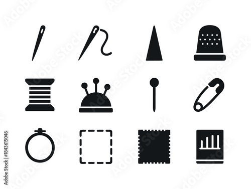 Needle and Thread Icons. Sharp needle. Solid icon set of sharp n