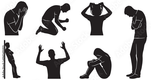 Silhouettes of people expressing various states of sadness, despair, and emotional distress.