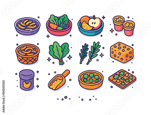 Colorful Chicken Treat Icons. Chicken Treats. Colorful isometric