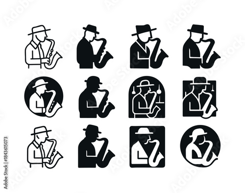 Jazz Saxophone Logo Set. a jazz musician playing a saxophone in