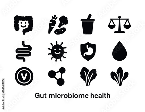 Gut Health Icons. Gut microbiome health. Solid icon set of gut m