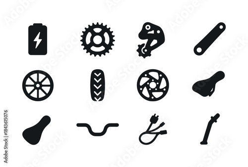 E-Bike Components Icons. E-bike components. Solid icon set of e-
