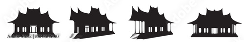 Four black silhouettes of traditional Indonesian or Southeast Asian houses with distinctive curved roofs, shown from various angles.