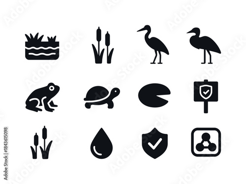 Wetland Conservation Icons. Preserving wetlands. Solid icon set