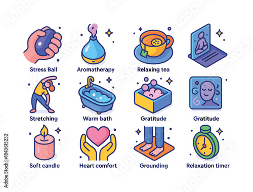 Colorful Stress Relief Icons. Stress relief. Colorful isometric