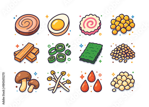 Noodle Toppings Icons. Noodle toppings. Colorful isometric vecto