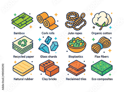 Sustainable Material Icons. Sustainable Materials. Colorful isom