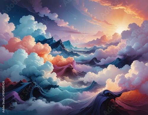 Pixelated Mountain Peaks Above Sea of Clouds at Sunrise with Golden Sunburst and Starry Sky