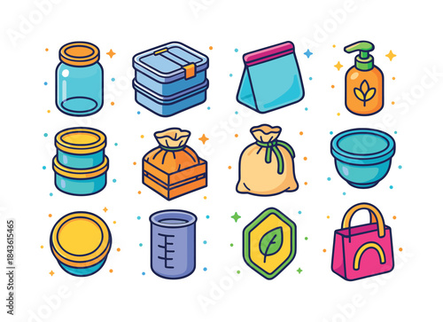 Reusable Container Icons. Reusable containers. Colorful isometri
