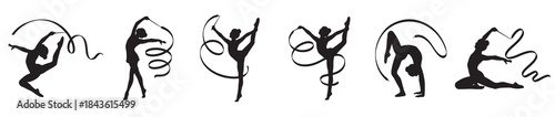 A collection of six black silhouette illustrations of rhythmic gymnasts performing with ribbons in various dynamic poses.