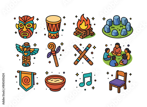 Colorful Ritual Icon Set. Ritual storytelling. Colorful isometri