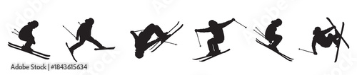 Silhouettes of skiers performing various jumps and maneuvers on a white background, showcasing dynamic winter sports action.