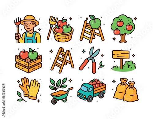Orchard Harvest Icons. Orchard harvest. Colorful isometric vecto