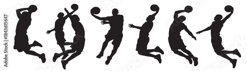 Silhouettes of basketball players in mid-air, performing dunks and jumps during a game.